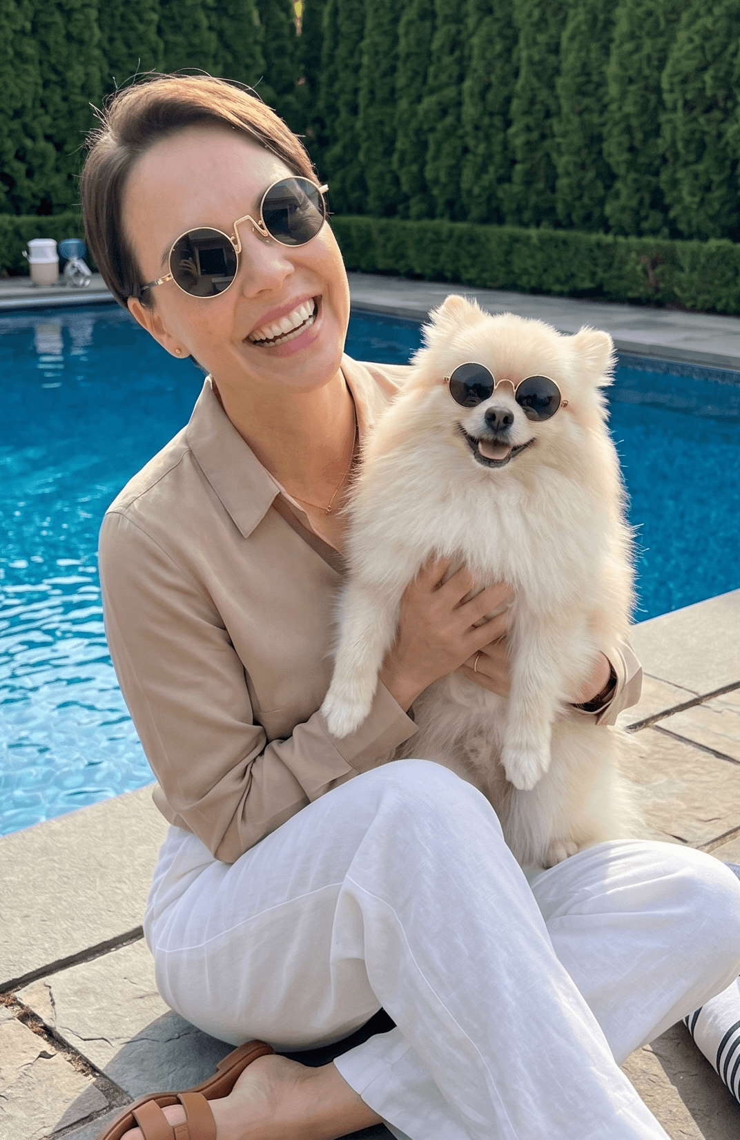 Person holding a small dog by a pool with sunglasses on