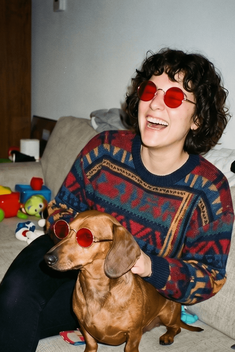 Person wearing colorful sweater and red sunglasses with a dachshund, both wearing sunglasses, in a living room.